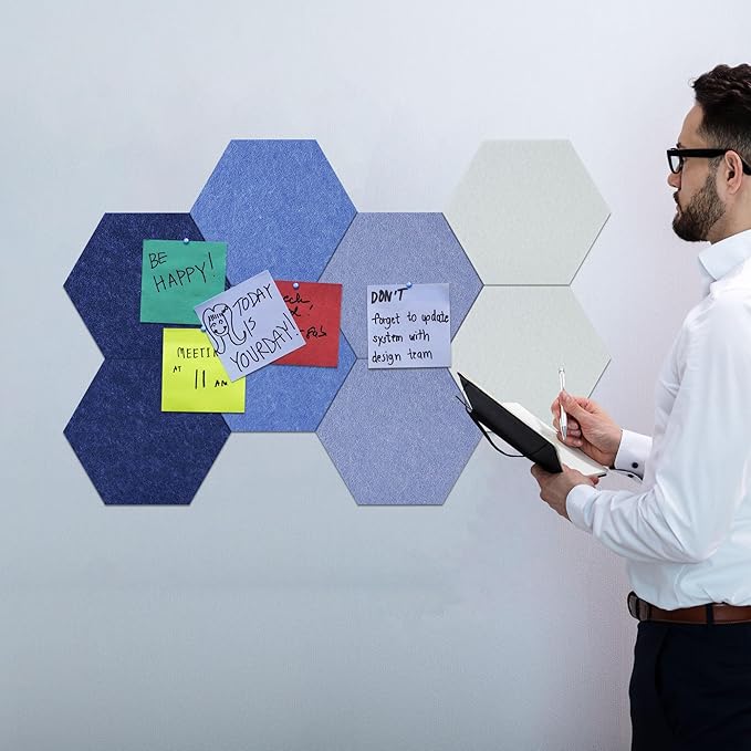 Vienrose Hexagon Felt Bulletin Board Self Adhesive Pin Board Wall Decoration Tiles with 35 Push Pins for Office Home and School, Blue Series 8 Pack