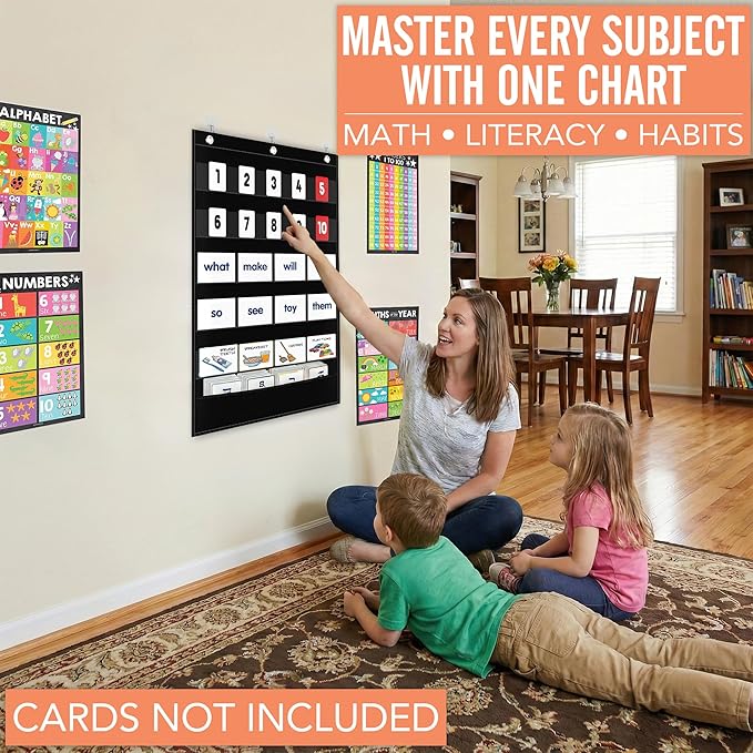 Pocket Chart for Classroom - 5+1 Small Black Pocket Chart for Alphabet Learning Word Wall Calendar Daily Schedule Sentence Strips Sticker Display, Teacher Supplies for Preschool Kindergarten & Home
