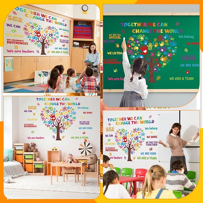 Dispowreath 131 Pcs Colorful Diversity Bulletin Board Set Diverse Handprint with Tree Cutouts Inspirational Diversity Classroom Decorations for Welcome Back to School Classroom Door Bulletin Board