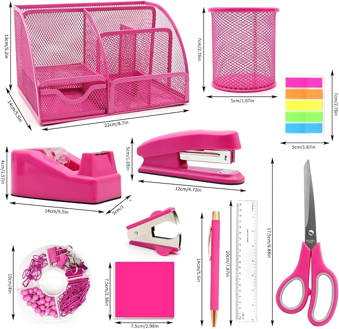 12 in 1 Hot Pink Desk Organizers and Accessories Set, Gifts for Coworkers Women, Office Supplies Stapler Pen Holder Tape Holder Staples Scissors Ruler Staple Remover