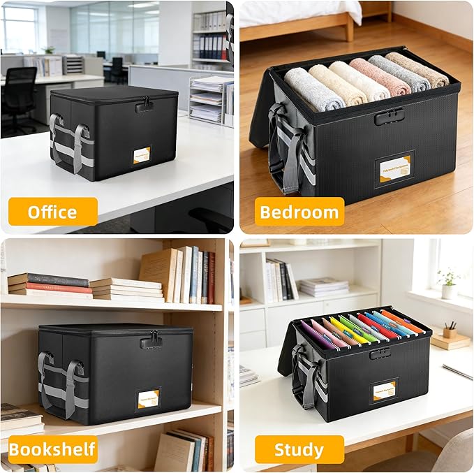 Large Next of Kin Box Organizer with Smart Labels, Fireproof Foldable File Organizer with Combination Lock, 10 Hanging Files and 20 Category Labels for Label Documents(15.7"L×12.2"W×10.6"H)