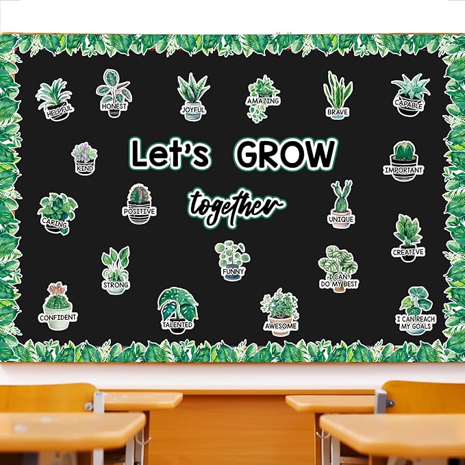 gisgfim Greenery Affirmation Station Bulletin Board Classroom Decorations Set Let’s Grow Plant Potted Paper Cutout for Motivational Plant Teacher Back to School Wall Door Chalkboard Decor