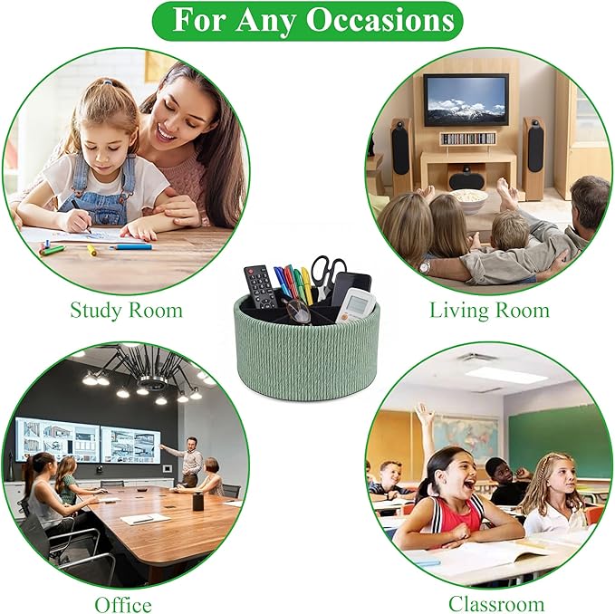 Remote Control Holder, 360°Spinning PU Leather Desk TV Remote Caddy,Desk Storage Box Room Accessories for Controller, Media,Mail,Calculator, Mobile Phone,Pencil(1-Big Wood Green)