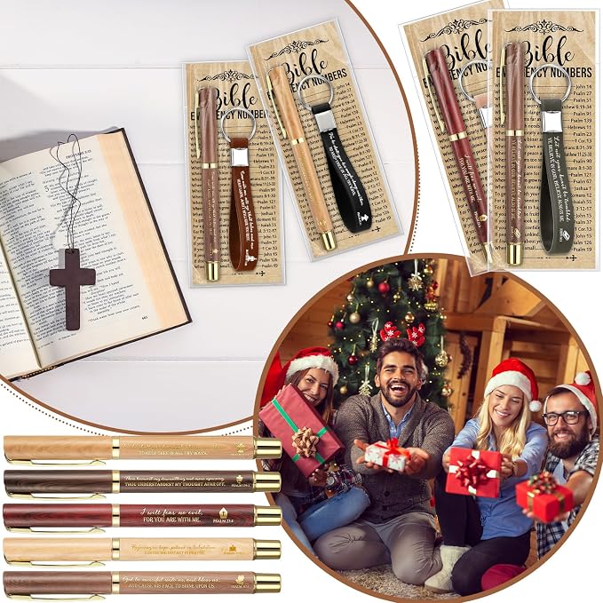 Feifeiya 25 Sets Father's Day Christian Church Gifts Bulk Bible Verse Plastic Gel Pen Religious Silicone Keychains Scripture Bookmarks for Men Women Empowerment Sunday Study Group Gifts(Wood Color)