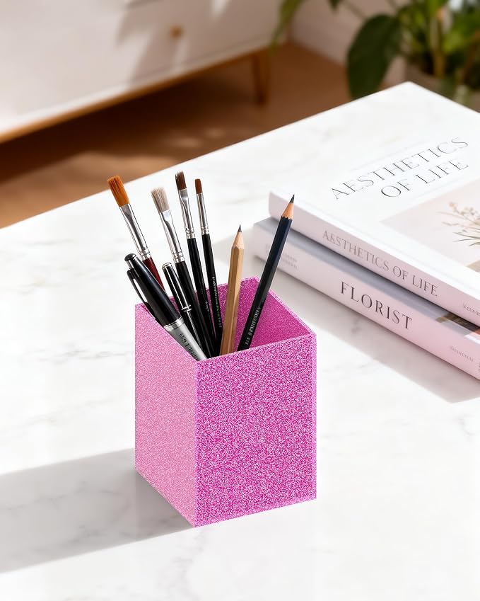 Rose Pink Glitter Acrylic Pen Holder, Acrylic Makeup Brush Storage Organizer, Pencil Pen Holder for Desk, Modern Desktop Accessories for Office School Home Supplies