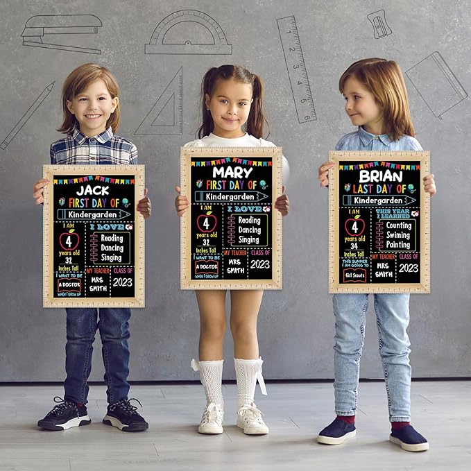 Pajean First and Last Day of School Board Sign Chalkboard with Ruler Frame Printing, Reusable Back to School Board Wooden Double Sided Photo Prop, 14 x 10 Inch