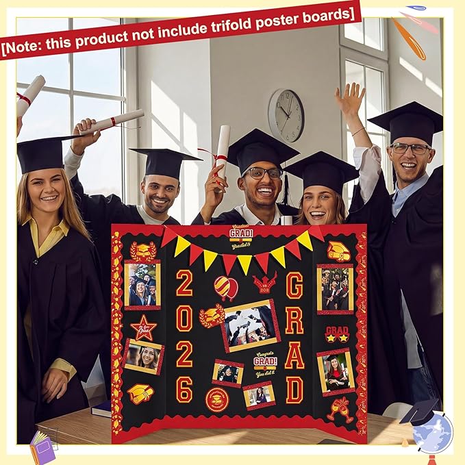 31 Pcs Graduation Photo Poster Board Decor Set Include 28 Sheets Graduation Themed Stickers 2 Rolls Picture Frame Tape 1 PC Banner for 2026 Grad Party College Board Photo Frame Decor (Red)