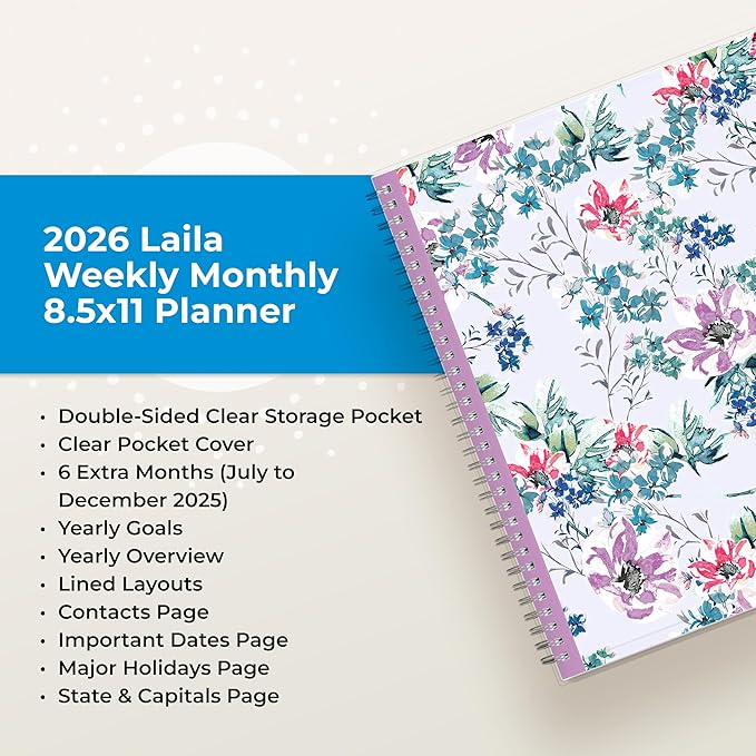 Blue Sky 2026 Weekly and Monthly Planner Calendar, January 2026 - December 2026, 8.5" x 11", Clear Pocket Cover, Laminated Tabs, Durable Twin Wire Binding, Storage Pocket, Laila