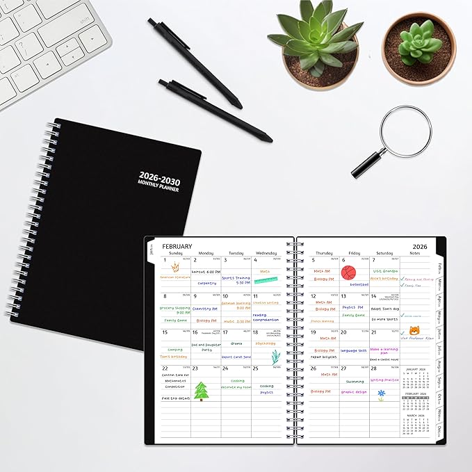 Monthly Planner 2026-2030, 5-Year Calendar Planner 2026-2030, Jan 2026 – Dec 2030, 6.2 x 8.4 In, Ruled Spread, Flexible Cover, Spiral Wirebound, Pocket, 60 Coated Monthly Tabs, Notes & Habit Tracker