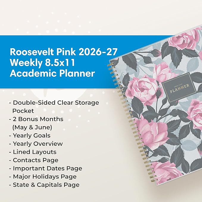 Blue Sky 2026-2027 Weekly and Monthly Academic Year Planner Calendar, July 2026 - June 2027, 8.5" x 11", Flexible Cover, Wirebound, Storage Pocket, Laminated Tabs, Roosevelt Pink