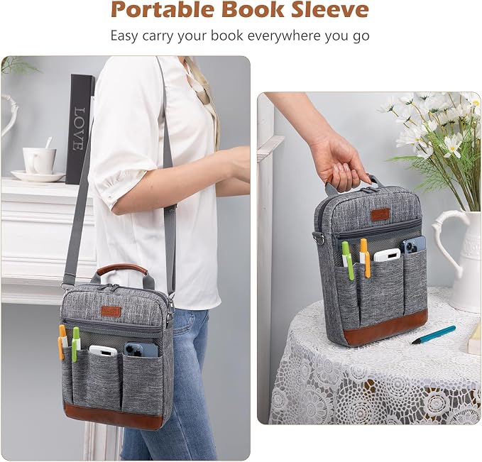 Book Sleeve with Zipper, Book Covers for Book Lovers, Multi-pocket Book Protector Cover with Shoulder Strap,Book Bag for Ipaad, kidle - Back To School Book Accessories