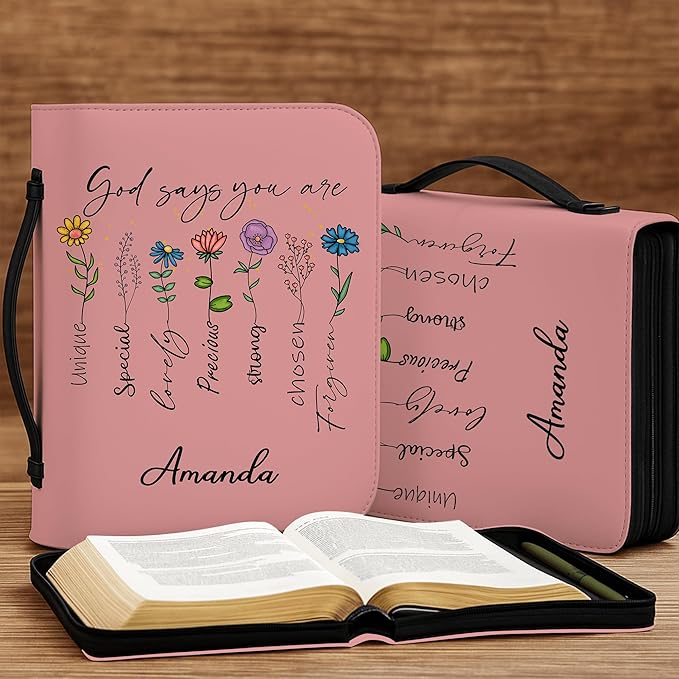 Custom Leather Bible Cover with Name β Personalized Bible Case for Women, Zippered with Handle, Bookmark & Storage Pockets, Christian Gift for Mom, Daughter, Grandma (God Says You are, M-2XL)