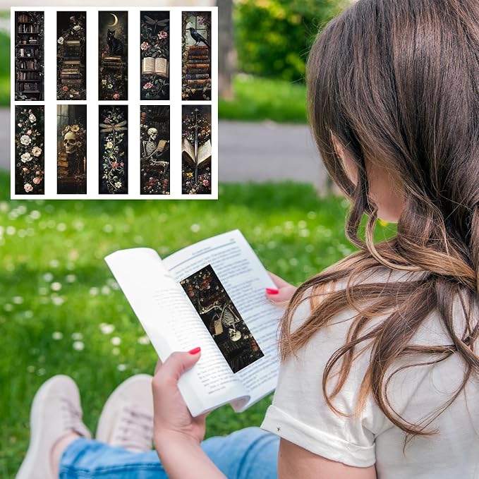 Wxiben Dark Academia Bookmarks for Women - 100 Pcs Gothic Flower Book Mark Retro Aesthetic Bookmark Skull Dragonfly Plants Page Marker Clip Gift for Book Lovers Students Teachers Bookish Reading