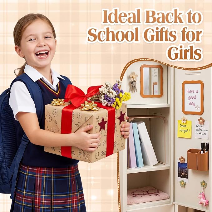 Colarr 16 Pcs Brown Locker Accessories for Girls Includes Magnetic Whiteboard & Mirror Locker Shelf Pen Holder 2 Dry Erase Marker & Eraser 9 Flowers for Back to School Essentials Decoration