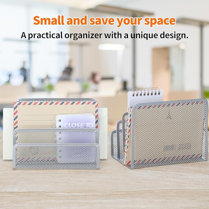 2 Pieces Desk Mail Organizer, Metal Mesh Small File Holders Letter Organizer, Bill/Document/Filing/Folders/Paper Organizer for Desktop (GREY-2PCS)