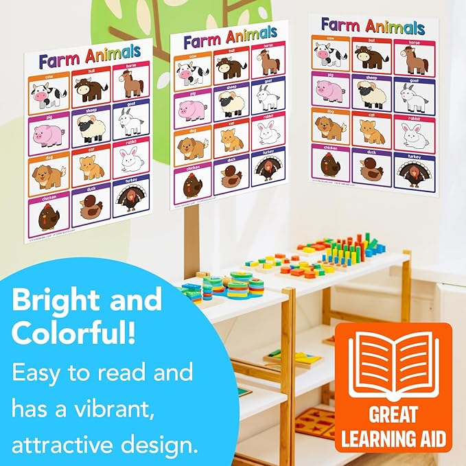 Educational Charts for Preschool to Grade 1 – Bright and Colorful Educational Visual / Learning Aid Wall Art Posters for Classroom | Glossy Durable Cardstock | 8.5" x 11" | 5 per Pack (Farm Animals)