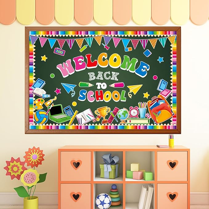 Justforjoyful Welcome Back to School Bulletin Board Decorations First Day of School Theme Classroom Bulletin Board Border Set Pencil Notebook Schoolbag Paper Cutouts Preschool Chalkboard Wall Decor