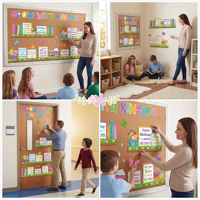 Qilery Grow with Kindness Bulletin Board Set Spring Classroom Decorations - Motivational Reading Posters for Teachers Elementary School Library Wall Decor Flower Book Cutouts for Kindness Week Display
