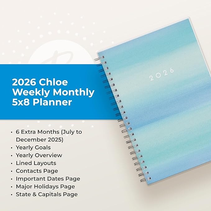 Blue Sky 2026 Weekly and Monthly Planner Calendar, January 2026 - December 2026, 5" x 8", Flexible Frosted Cover, Laminated Tabs, Durable Twin Wire Binding, Chloe