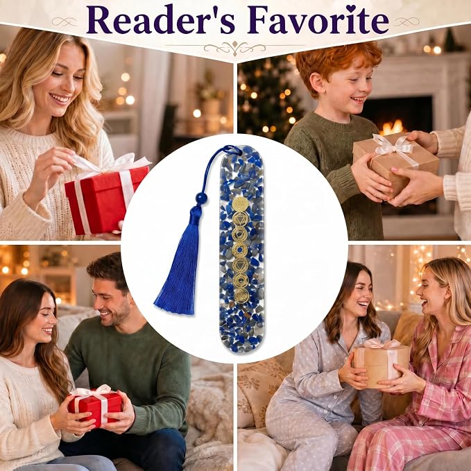Fantasy Vintage Bookmark Gifts - Lapis Lazuli 7 Chakra Healing Crystals Resin Bookmarks for Women Men Book Lovers Beaded Tassels Page Marks Reading Accessories Bookish Birthday Graduation Gift