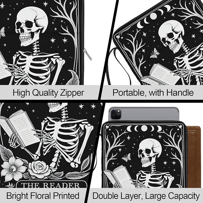 Skull Book Sleeve for Book Lovers, Paperback Book Protector Case, PU Leather Waterproof Book Pouch with Zipper, Gothic Skeleton Print Book Carrying Case for Hardcover, Book Cover for Men Boys