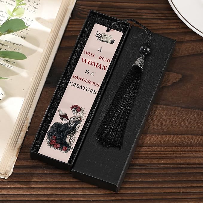 Dark Romance Merch Bookmark - Inspirational Reading List Book Mark Funny Personalized Unique Skeleton Rose Aesthetic Metal Page Maker Tassel Gift for Women Adults Bookish Bookworm Birthday