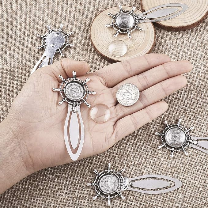 FASHEWELRY 20Pcs Antique Silver Bookmark Pendant Tray Kit Include 10Pcs 18mm Helm Round Blank Bezel Base Setting Charms with 10Pcs Clear Glass Dome Tiles Cabochons