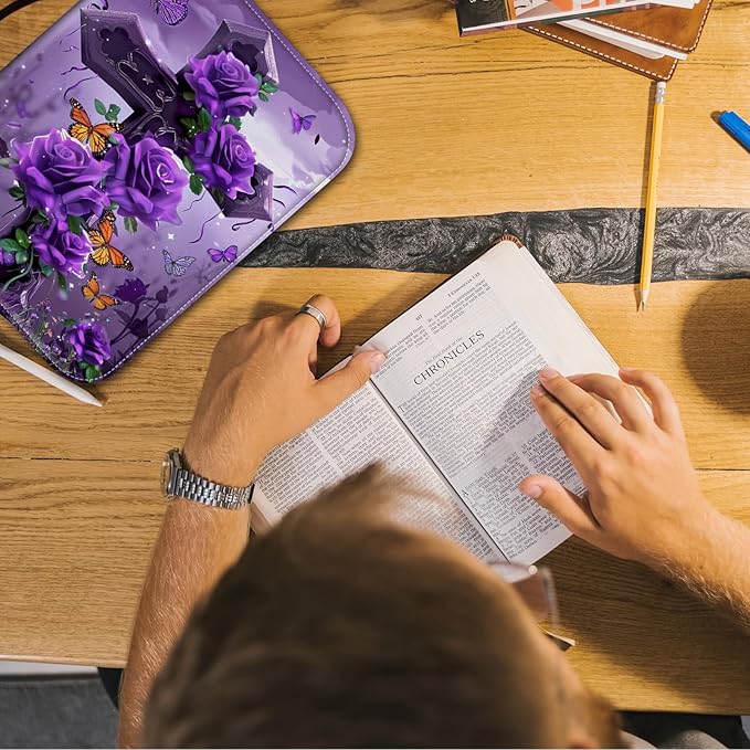 Bible Cover Case for Women,Large Leather Bible Case Fit Book Up to 11x8x2 Inch,Cross with Purple Rose Butterflies Bible Covers for Girls,Bible Study Carrier Church Bags w/Handle Zipper