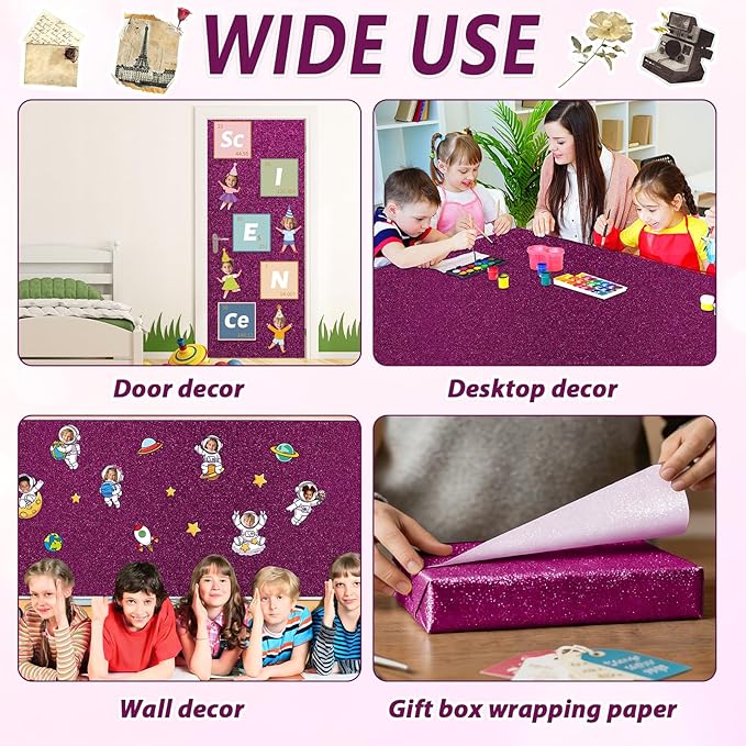 Qyeahkj 17in x 20ft Glitter Bulletin Board Paper Roll Bulletin Board Background Paper Fade Resistant Classroom Decoration Poster Art Craft Home Wall Education Decor Supplies Rose Red