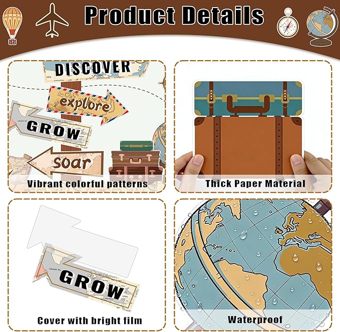 Travel The Map Bulletin Board Set - Let The Adventure Begin Classroom Cutouts - Vintage Travel Theme Decor with Motivational Signs for Kids - Let's Explore & Voyage Cutouts for Classroom Chalkboards