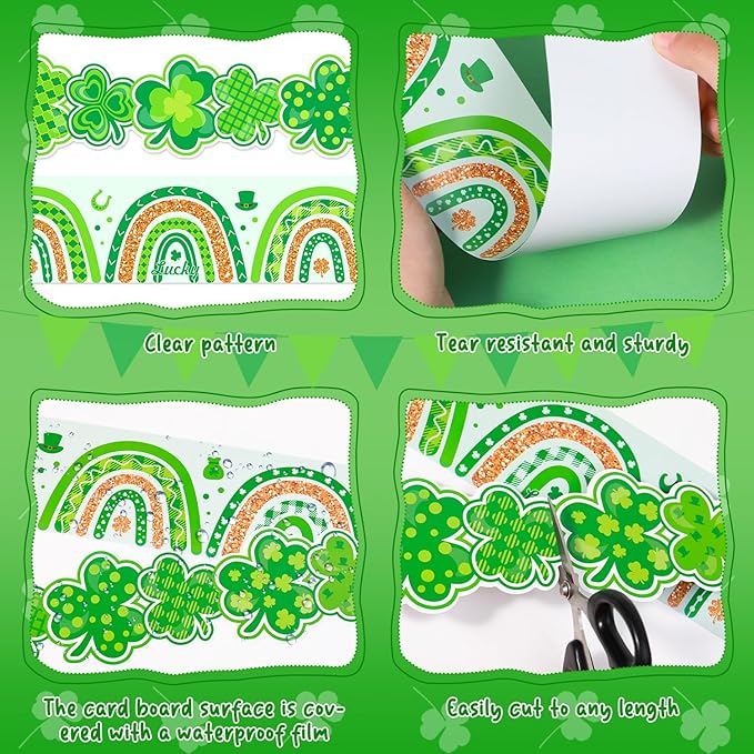 66ft 2 Rolls Shamrock Bulletin Board Borders Clover Boho Rainbow Theme Irish St. Patrick's Day Decorations Paper Border Trim for Classroom School Blackboard Office Chalkboard Themed Party Wall Decor