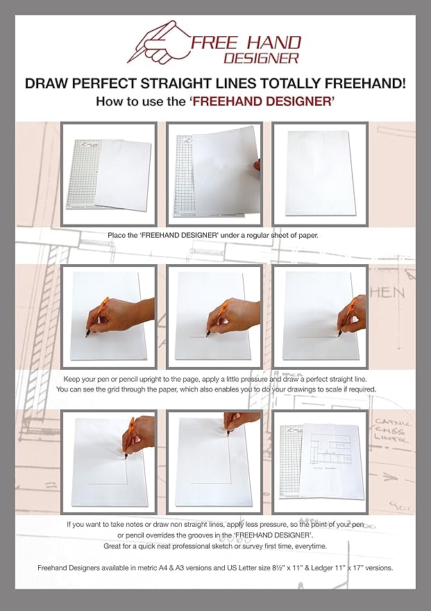 Ledger Size, 11” x 17” 'Freehand Designer' Sheet. Draw Perfect Straight Lines Templates. Grid Type Sheets for Scale Drawings