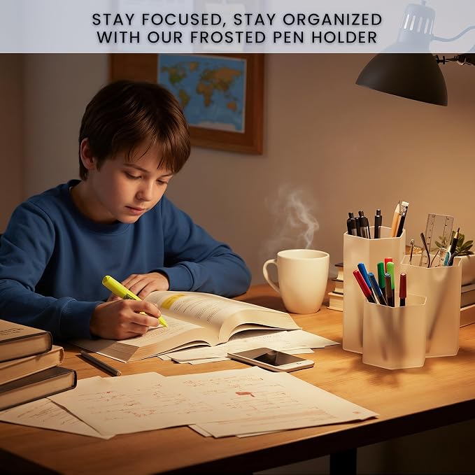 Clear Pencil Holder for Desk | 3 Compartment Organizer Desk Cute Pen Holder | Hexagonal Shape Pencil Cups for Classroom, Offices, Teacher Desks | Multipurpose Make up Organizers and Storage Accessory