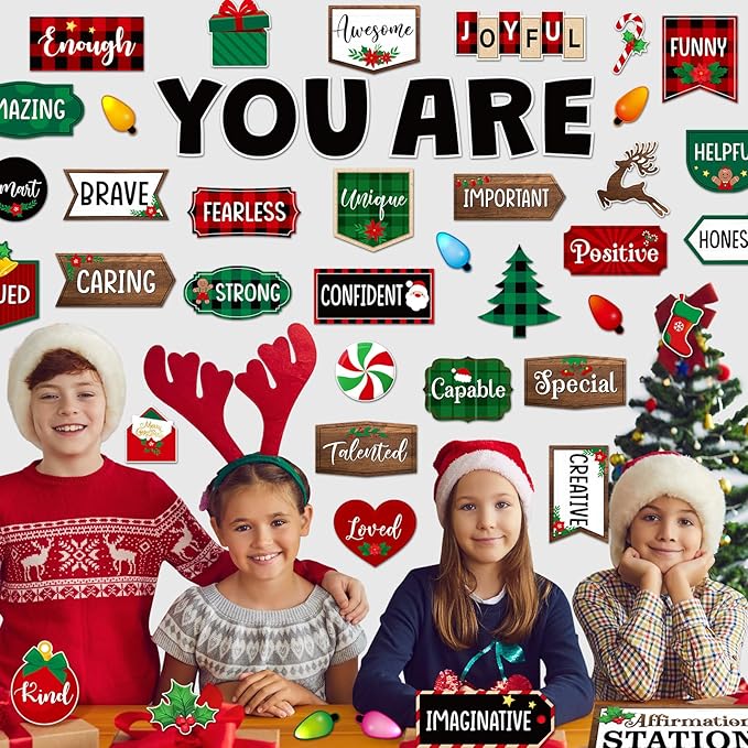 45pcs Christmas Affirmation Station Bulletin Board Set Motivational Posters Classroom Mirror Growth Mindset Decor Positive Affirmations Accents Cutouts for School Office Home Teacher Supply