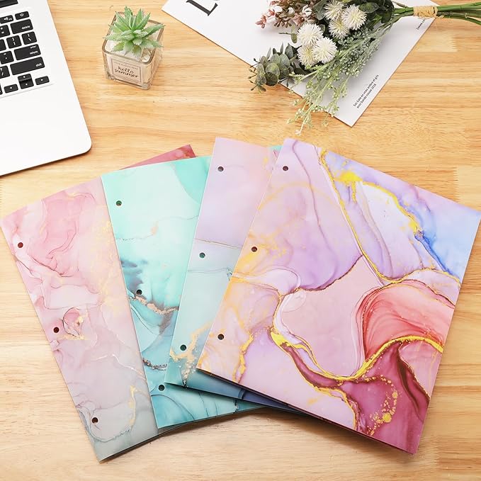 Ddaowanx Plastic Folders with Pockets, 8pcs Decorative Folder Marble Colors, Heavy Duty Plastic Two Pocket File Folders, Fits 3-Ring Binders (8)
