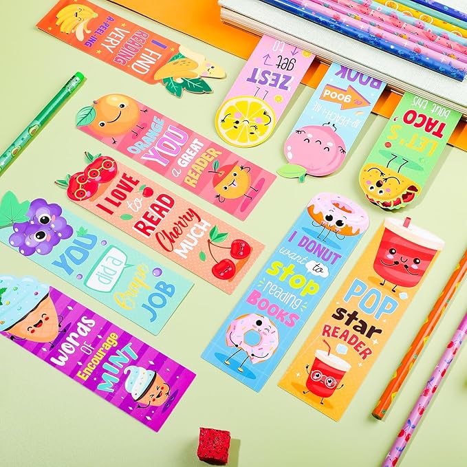 Teling 60 Pcs Inspirational Scented Pencils and Scented Bookmarks Sets Funny Pencils with Eraser Fruit Theme Bookmarks Cute Stationery Bulk for Reading Rewards Party Favors