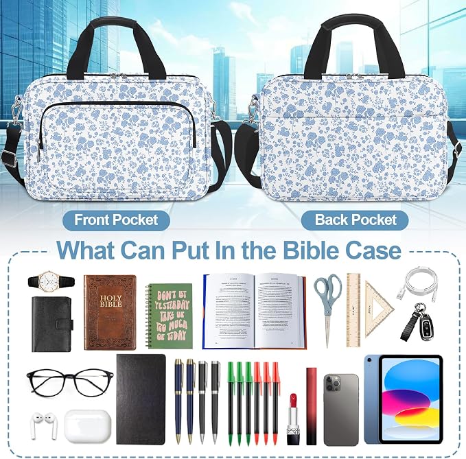 Floral Bible Cover Case for Women Girls,Bible Carrier,Bible Bags for Women Organizer,Bible Holder with Shoulder Strap,Handle,Bible Study Supplies Kit with Highlighters,Tabs,Pens,Christian Gift Blue