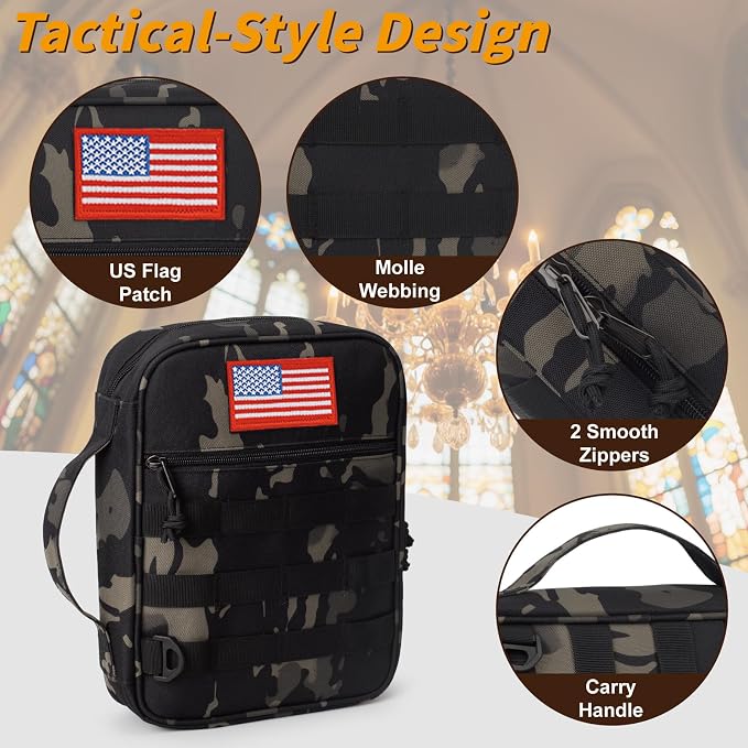 ATRIPACK Tactical Bible Cover For Men,Large Bible Case With Shoulder Strap,Water-Resistant Book cover With Handle,Multi-Functional Carrying Bible Holder Bag For Church,Study,Spiritual