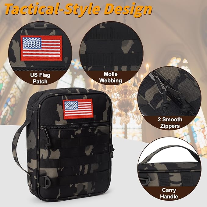 ATRIPACK Tactical Bible Cover For Men,Large Bible Case With Shoulder Strap,Water-Resistant Book cover With Handle,Multi-Functional Carrying Bible Holder Bag For Church,Study,Spiritual