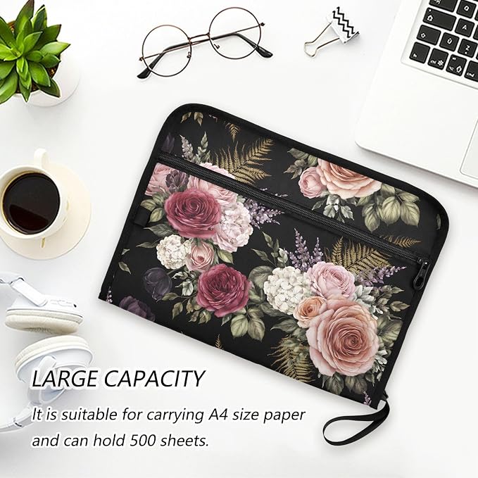 ALAZA Retro Rose Flower Expanding Filing Folder, 13 Pockets Expandable Document Organizer Folder with Zipper Closure for Home Office A4 Letter Size Paper Document