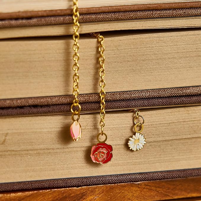 3 PCS Floral Metal Bookmark, Hand-Drawn Pretty Book Marks for Reading Women, Rose, Tulip, Daisy Book Lovers Gifts,