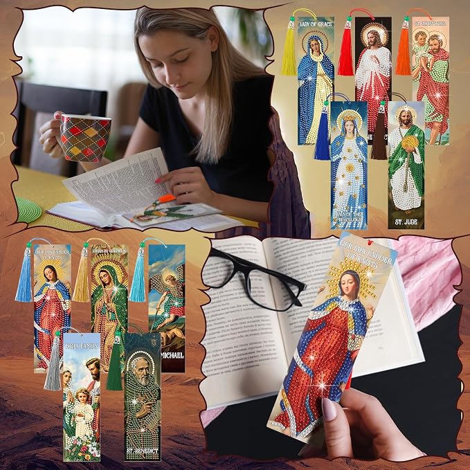 Sinload 10 Pcs Christian Diamond Art Bookmark for Adults Catholic Saint Diamond Bookmarks with Tassel 5d Jesus Virgin Mary Diamonds Painting Book Mark for Reading Lover DIY Crafts Religious Gift