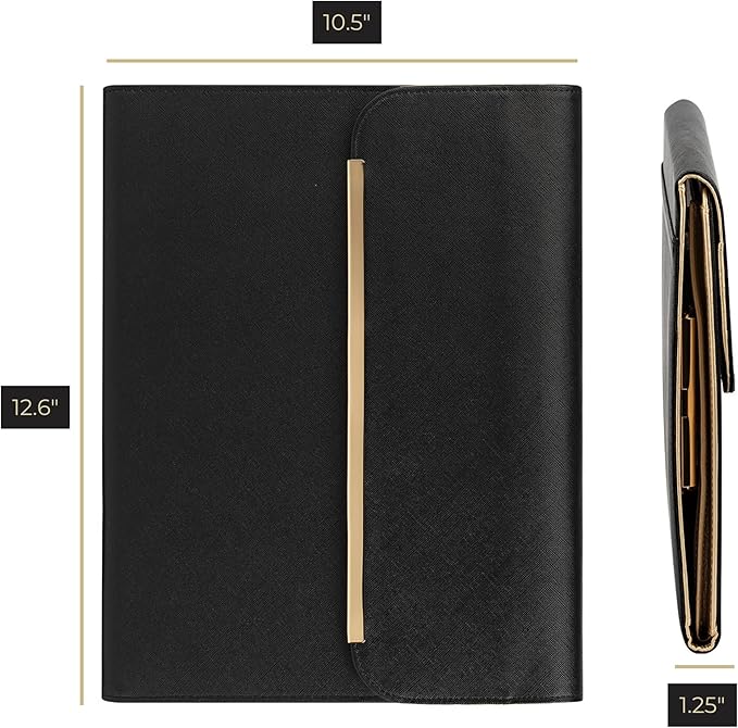 BLU MONACO | Black Vegan Leather Portfolio Binder for Women | Professional Padfolio with Magnetic Closure & Gold Trim | Business Organizer Case for Documents & 8.5 x 11 Notepad