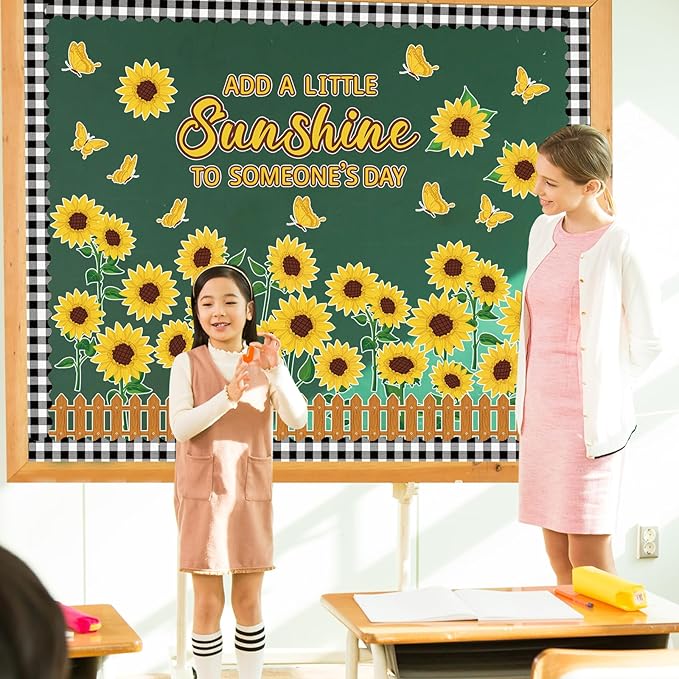 Sunflower Bulletin Board Decoration Spring Summer Cutout Set with Butterflies Fences Bulletin Cardboard Motivational Sayings Cutouts for Classroom Window Wall Door Home Office Nursery School Decor