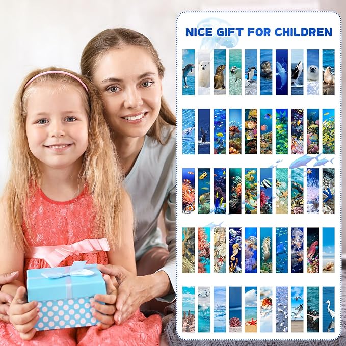 200 Pieces Sea Animal Bulk Bookmarks for Kids, 50 Designs Book Marks for Students Double Sided Cute Sea Animal Motivational Bookmarks for Kids Back to School Gifts Reading Birthday Teacher Reward