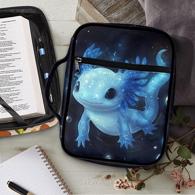Coldinair Blue Axolotl Bible Cover for Kids Boy,Protective Book Cover Bible Case Carrier Carrying Organizer Purse Handbag with Zipper Pockets Church Bag