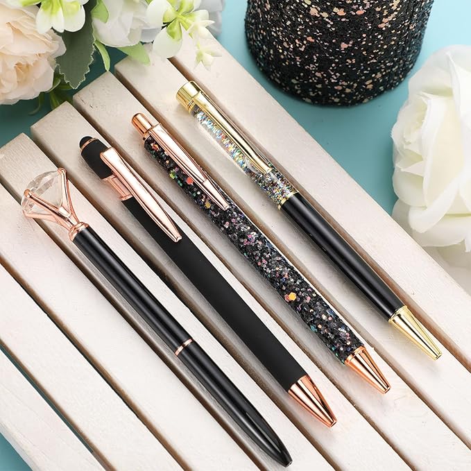 Sabary 8 Pcs Black Pens with Pen Holder for Desk Glitter Crystal Diamond Cute Ballpoint Fancy Pencil Holder Bling Desk Organizer for Women Girls School Office Supplies Wedding Graduation Gifts