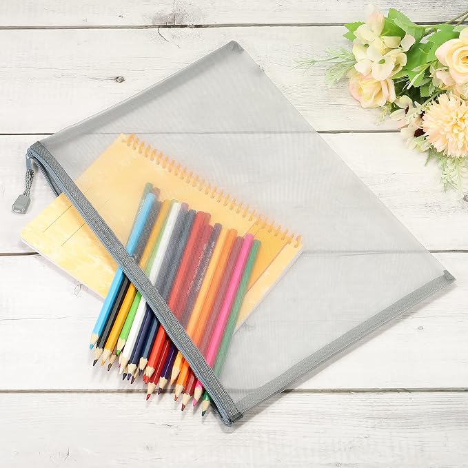 MECCANIXITY Mesh Zipper Bags, A4 Nylon Zip Pouch Pencil Case Storage Pockets for Travel Office Accessories, Gray Pack of 6