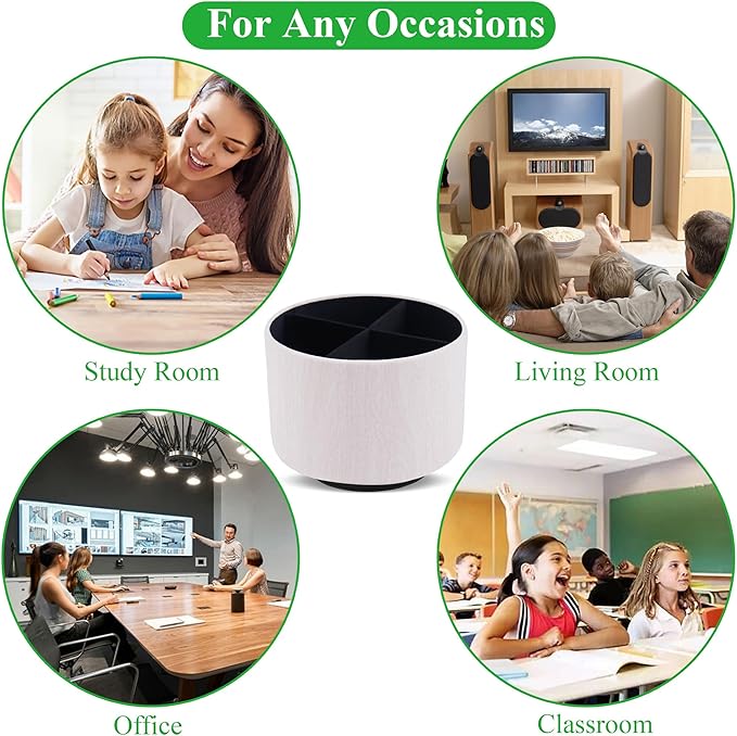 Round Leather Art Supply Organizer,Remote Control Holder,360 Degree Spinning,Multi-Functional Pencil Holder,4 Compartments Desktop Stationary Organizer(1-Thin Wood White)