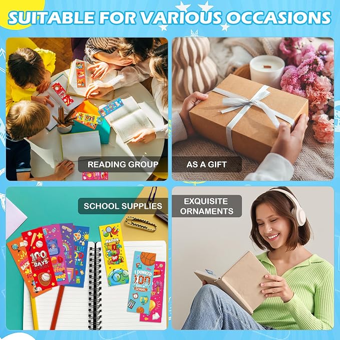 120 Pcs 100 Day of School Paper Bookmarks, 100 Items for 100 Days of School Bookmarks for Students, Playful Cartoon 100th Activities Supplies Gifts for Kids Classroom Prize Office Home Decor